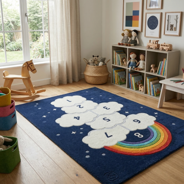 Детски килим за игра 120х160см - Тъмносин килим с облачета и дъга, противоплъзгащ и миещ се