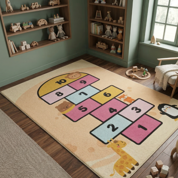 Детски килим за игра 120х160см - Пясъчен килим с жирав и розова дама, противоплъзгащ и миещ се