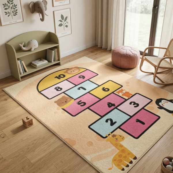 Детски килим за игра 120х160см - Пясъчен килим с жирав и розова дама, противоплъзгащ и миещ се 3