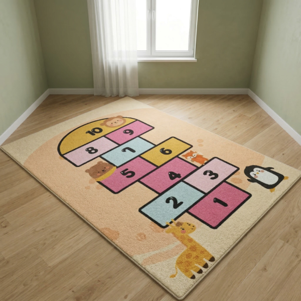 Детски килим за игра 120х160см - Пясъчен килим с жирав и розова дама, противоплъзгащ и миещ се 1