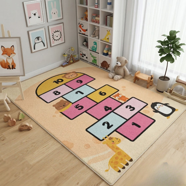 Детски килим за игра 120х160см - Пясъчен килим с жирав и розова дама, противоплъзгащ и миещ се