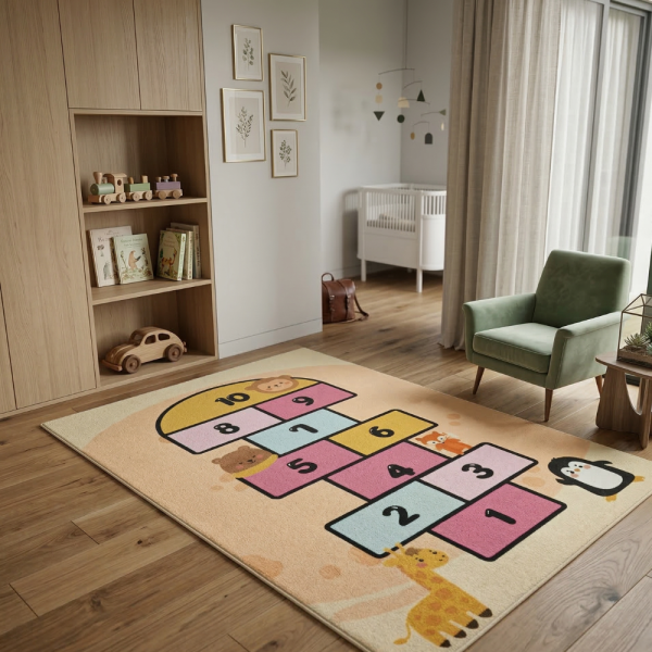 Детски килим за игра 120х160см - Пясъчен килим с жирав и розова дама, противоплъзгащ и миещ се 5