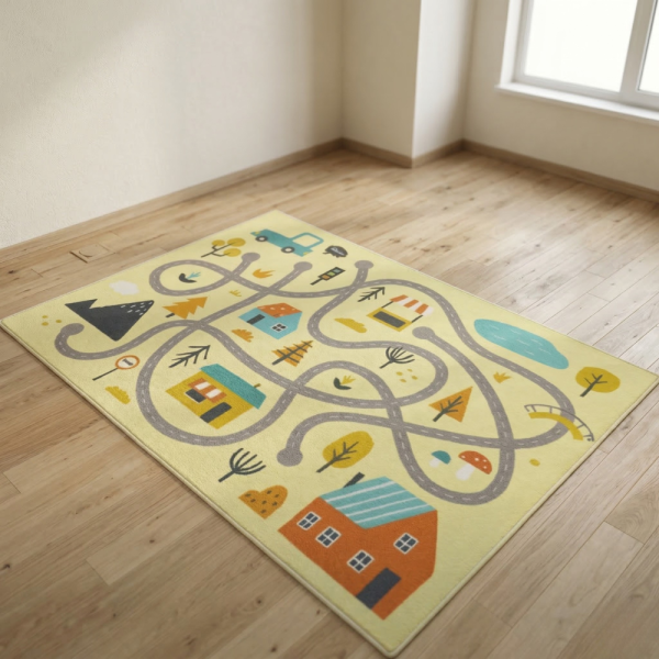 Детски килим за игра 120х160см - Светложълт килим с цветни къщички, противоплъзгащ и миещ се 1