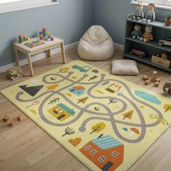 Детски килим за игра 120х160см - Светложълт килим с цветни къщички, противоплъзгащ и миещ се 3