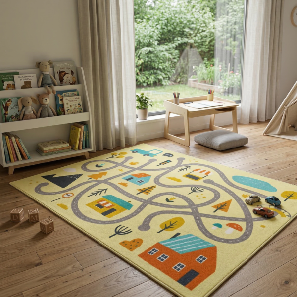 Детски килим за игра 120х160см - Светложълт килим с цветни къщички, противоплъзгащ и миещ се 5