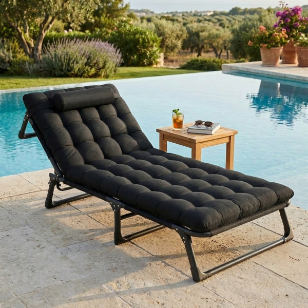 Сгъваемо къмпинг легло и градински шезлонг 2в1, с мек матрак и възглавница, Регулируем, Черен, 180x56 см