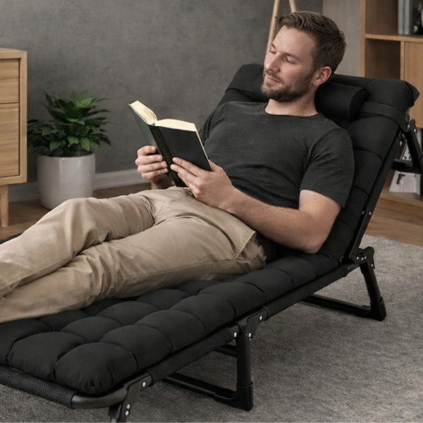 Сгъваемо къмпинг легло и градински шезлонг 2в1, с мек матрак и възглавница, Регулируем, Черен, 180x56 см 3