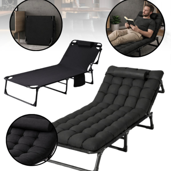 Сгъваемо къмпинг легло и градински шезлонг 2в1, с мек матрак и възглавница, Регулируем, Черен, 180x56 см 8