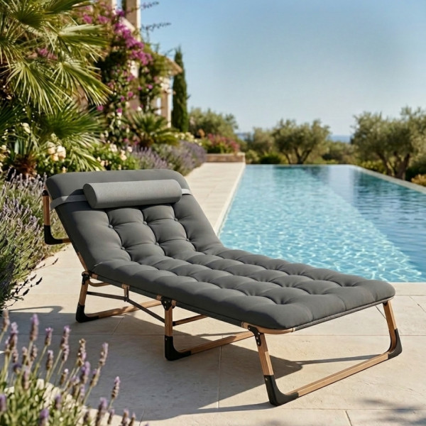 Сгъваемо къмпинг легло с матрак (180 см) – Регулируем градински шезлонг с възглавница