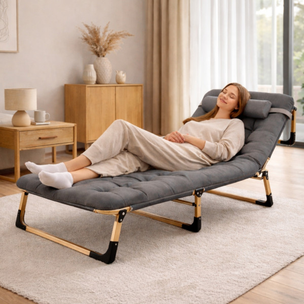 Сгъваемо къмпинг легло с матрак (180 см) – Регулируем градински шезлонг с възглавница