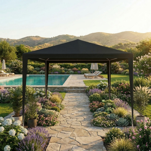 Градинска шатра тип „павилион“, 3x3м, Водоустойчива, Прахово боядисана стоманена рамка, Сива 1