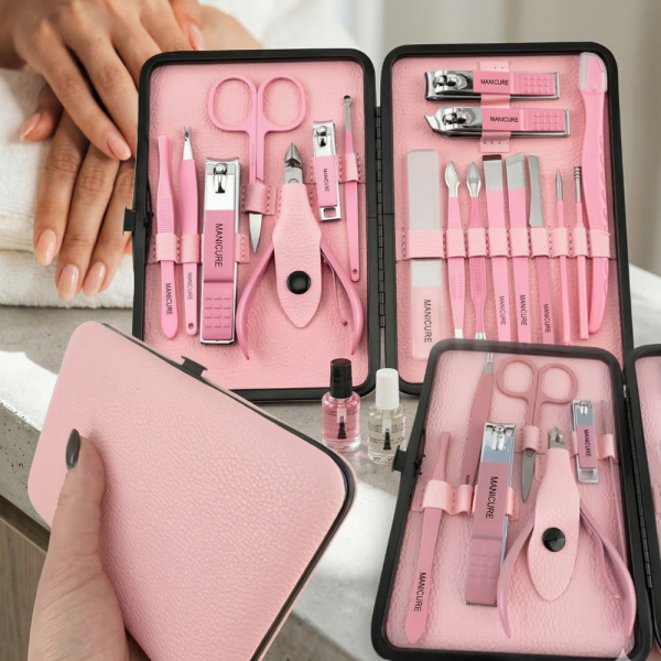 Комплект за маникюр от 18 части в елегантен розов калъф