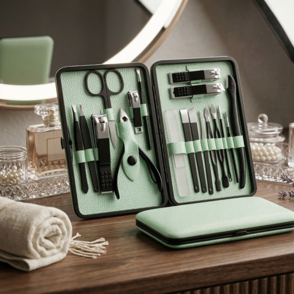 Комплект за маникюр от 18 части в елегантен зелен калъф