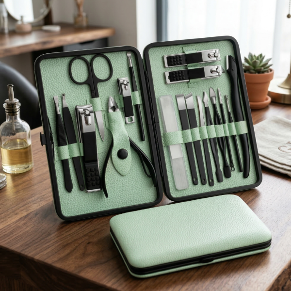 Комплект за маникюр от 18 части в елегантен зелен калъф 3
