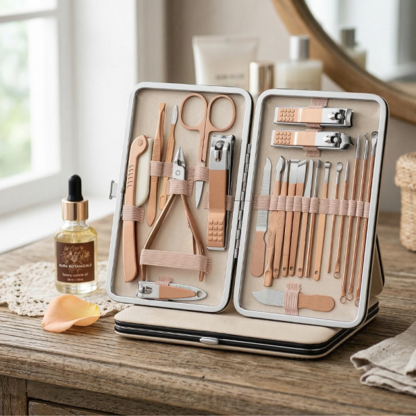 Комплект за маникюр от 23 части в златисто с елегантен калъф 3