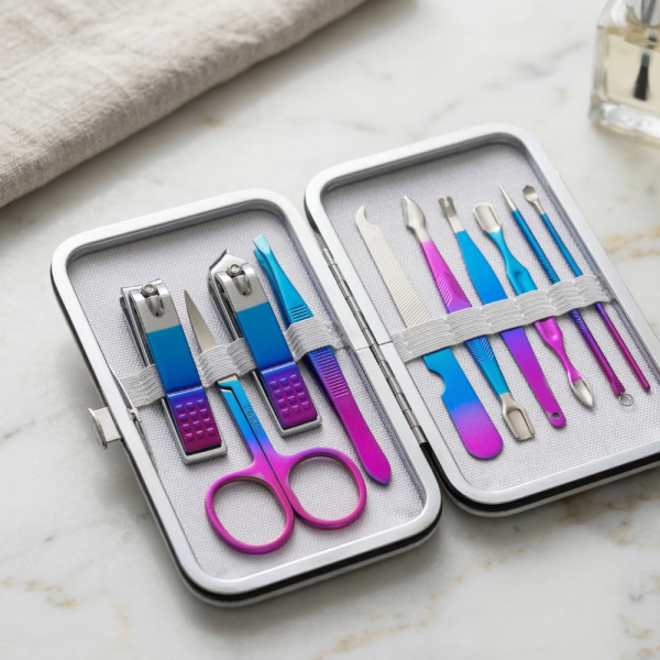 Комплект за маникюр от 10 части в елегантен син калъф с матово покритие