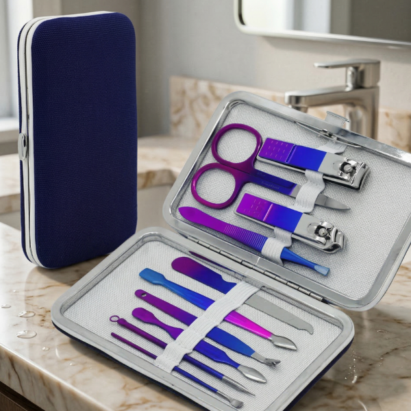 Комплект за маникюр от 10 части в елегантен син калъф с матово покритие