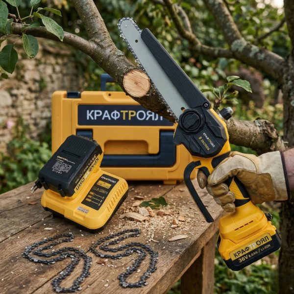 Акумулаторна резачка – трион с автоматично смазване на веригата KraftRoyal 36V 8AH с шина 20 см и 2 вериги 1