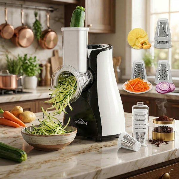 Електрическо ренде 5-в-1 HOMELUX – Мултифункционална резачка за зеленчуци, плодове и други, 5 сменяеми остриета 1