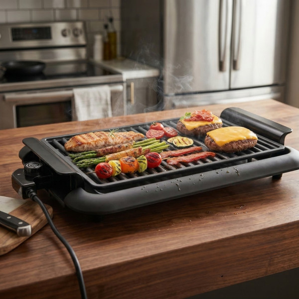 Електрическа настолна скара 1200W без дим – Преносимо барбекю за балкон и градина, 38x25 см