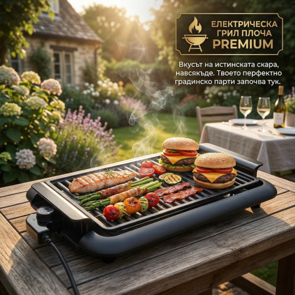 Електрическа настолна скара 1200W без дим – Преносимо барбекю за балкон и градина, 38x25 см