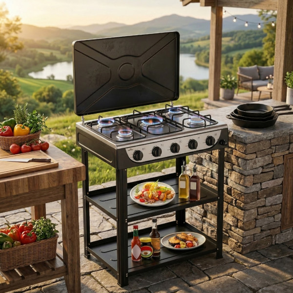 Газова печка HOMELUX с 5 котлона и стелаж на два етажа, 7.2kW, неръждаема стомана, автоматично запалване 1