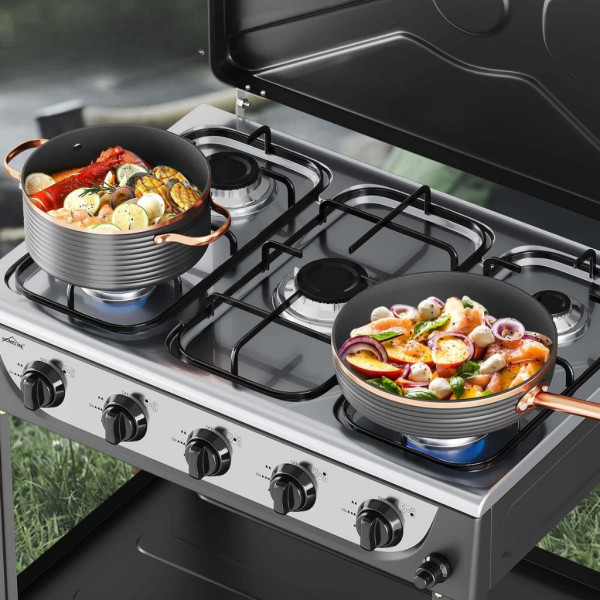 Газова печка HOMELUX с 5 котлона и стелаж на два етажа, 7.2kW, неръждаема стомана, автоматично запалване 7