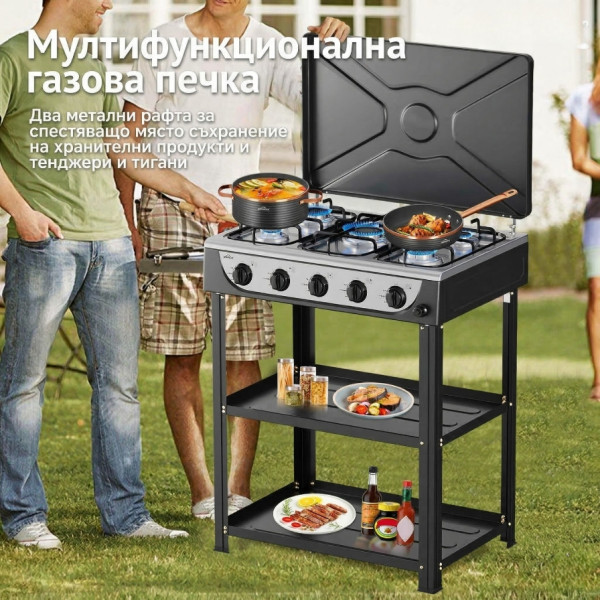 Газова печка HOMELUX с 5 котлона и стелаж на два етажа, 7.2kW, неръждаема стомана, автоматично запалване 8