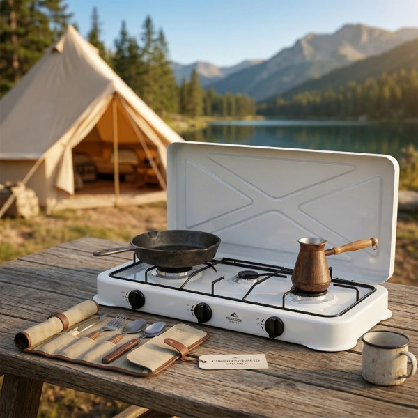 Газов къмпинг котлон с 3 горелки, включен маркуч 1.5м и регулатор 50mbar 1