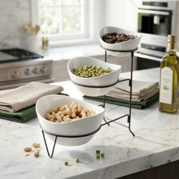 Комплект 3 керамични купи за ядки на три нива с метална стойка 1