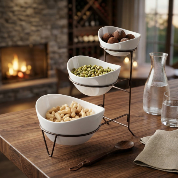 Комплект 3 керамични купи за ядки на три нива с метална стойка 3