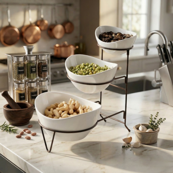 Комплект 3 керамични купи за ядки на три нива с метална стойка