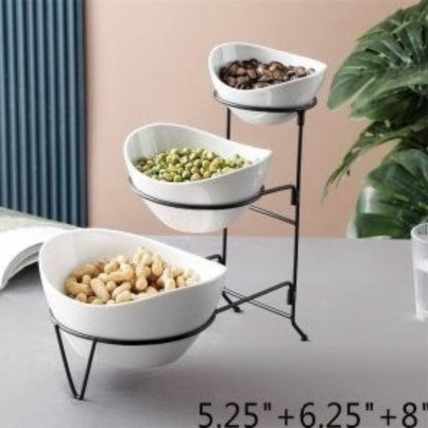 Комплект 3 керамични купи за ядки на три нива с метална стойка