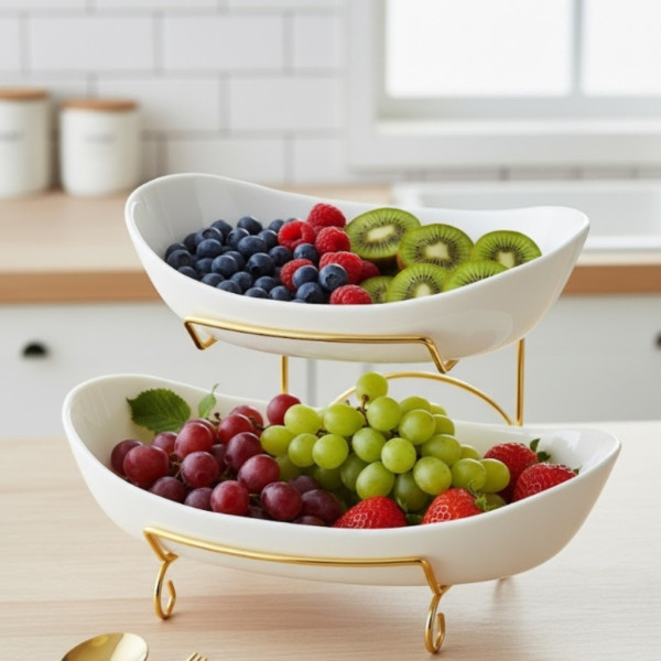 Луксозна двуетажна етажерка за плодове с керамични купи и златна стойка (2 нива)