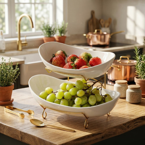 Луксозна двуетажна етажерка за плодове с керамични купи и златна стойка (2 нива) 2