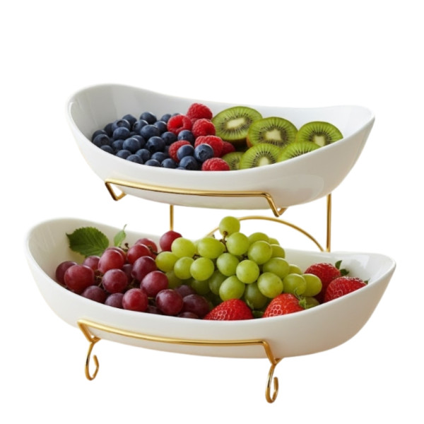 Луксозна двуетажна етажерка за плодове с керамични купи и златна стойка (2 нива) 3