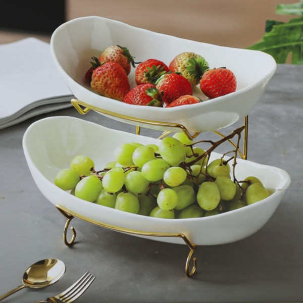 Луксозна двуетажна етажерка за плодове с керамични купи и златна стойка (2 нива) 4