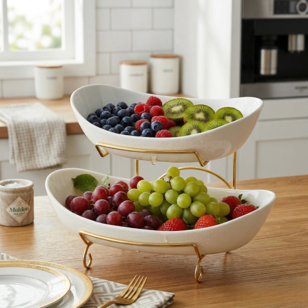 Луксозна двуетажна етажерка за плодове с керамични купи и златна стойка (2 нива) 5