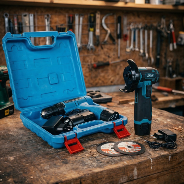 Комплект от безжичен винтоверт с Led осветление и безчетков ъглошлайф - практичност и прецизност