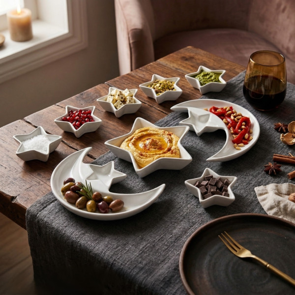 Луксозен комплект плата и купички във форма на Полумесец и Звезда - 9 части, бял порцелан