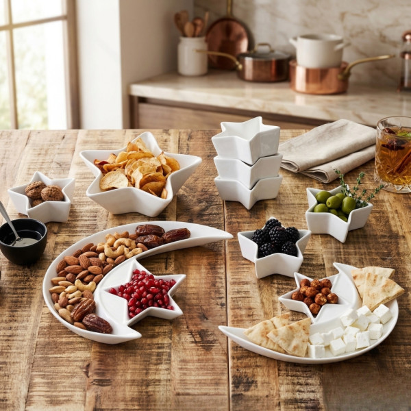 Луксозен комплект плата и купички във форма на Полумесец и Звезда - 9 части, бял порцелан 3