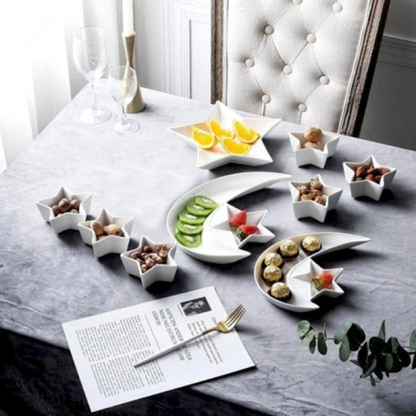 Луксозен комплект плата и купички във форма на Полумесец и Звезда - 9 части, бял порцелан