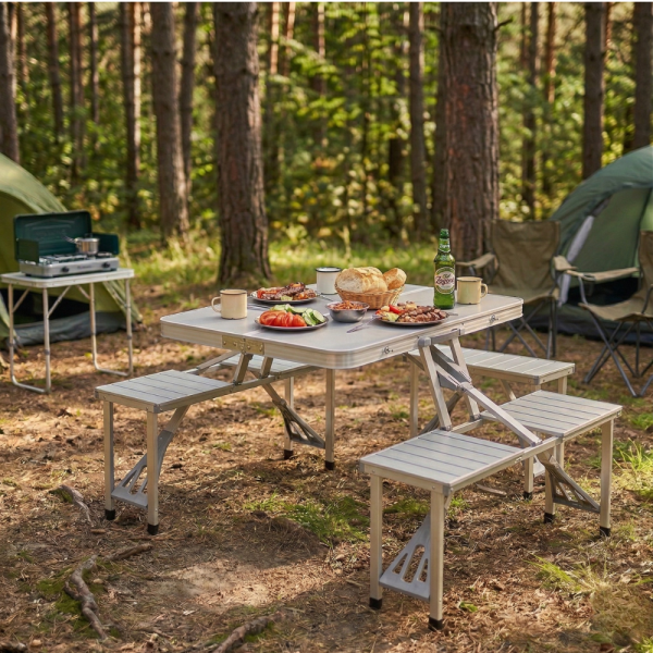 Комплект сгъваема маса с вградени 4 стола за къмпинг,риболов,пикник,туризъм