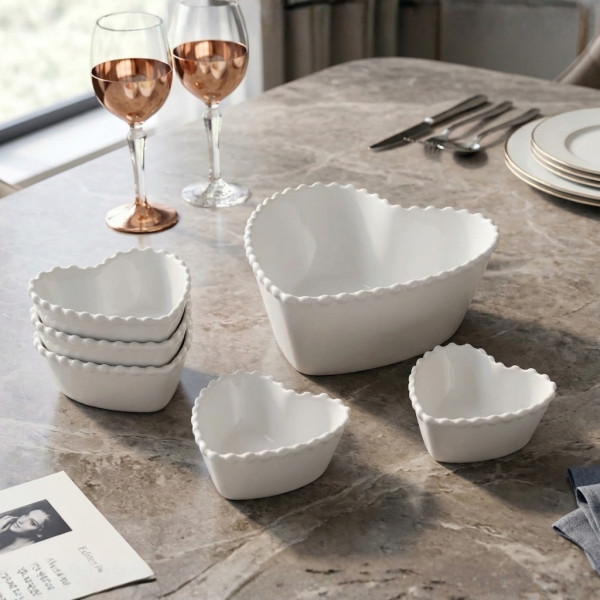 Луксозен комплект порцеланови купи със заоблен релеф - 7 части 1
