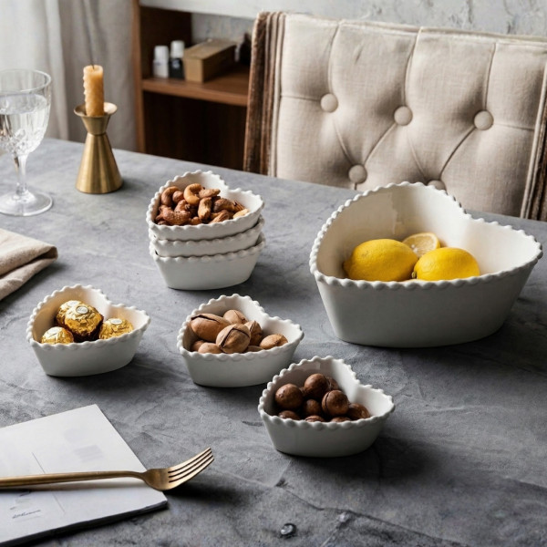 Луксозен комплект порцеланови купи със заоблен релеф - 7 части 4