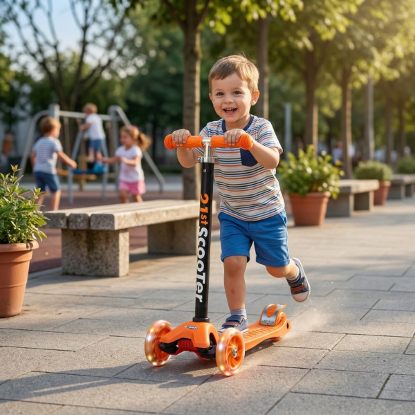 Детска сгъваема тротинетка 21st Scooter със светещи силиконови колела – Оранжева