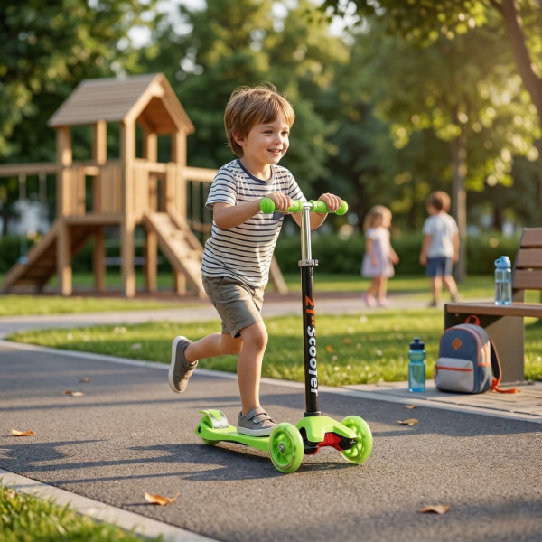Детска сгъваема тротинетка 21st Scooter със светещи силиконови колела, Зелена