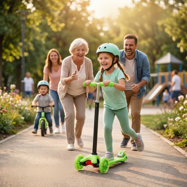 Детска сгъваема тротинетка 21st Scooter със светещи силиконови колела, Зелена