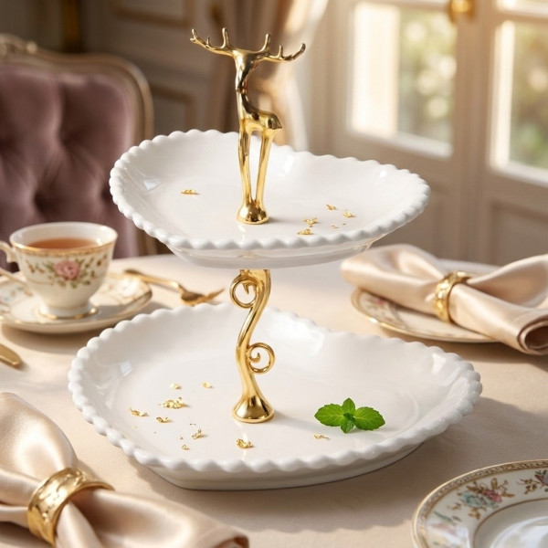 Луксозна поставка за десерти и плодове с елемент елен - 26х23см, HL-12111-W