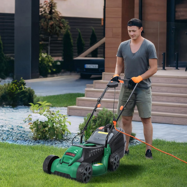 Електрическа косачка за трева 1600W – Лека и мощна, 32 см ширина, 30L кош, 3 нива на косене